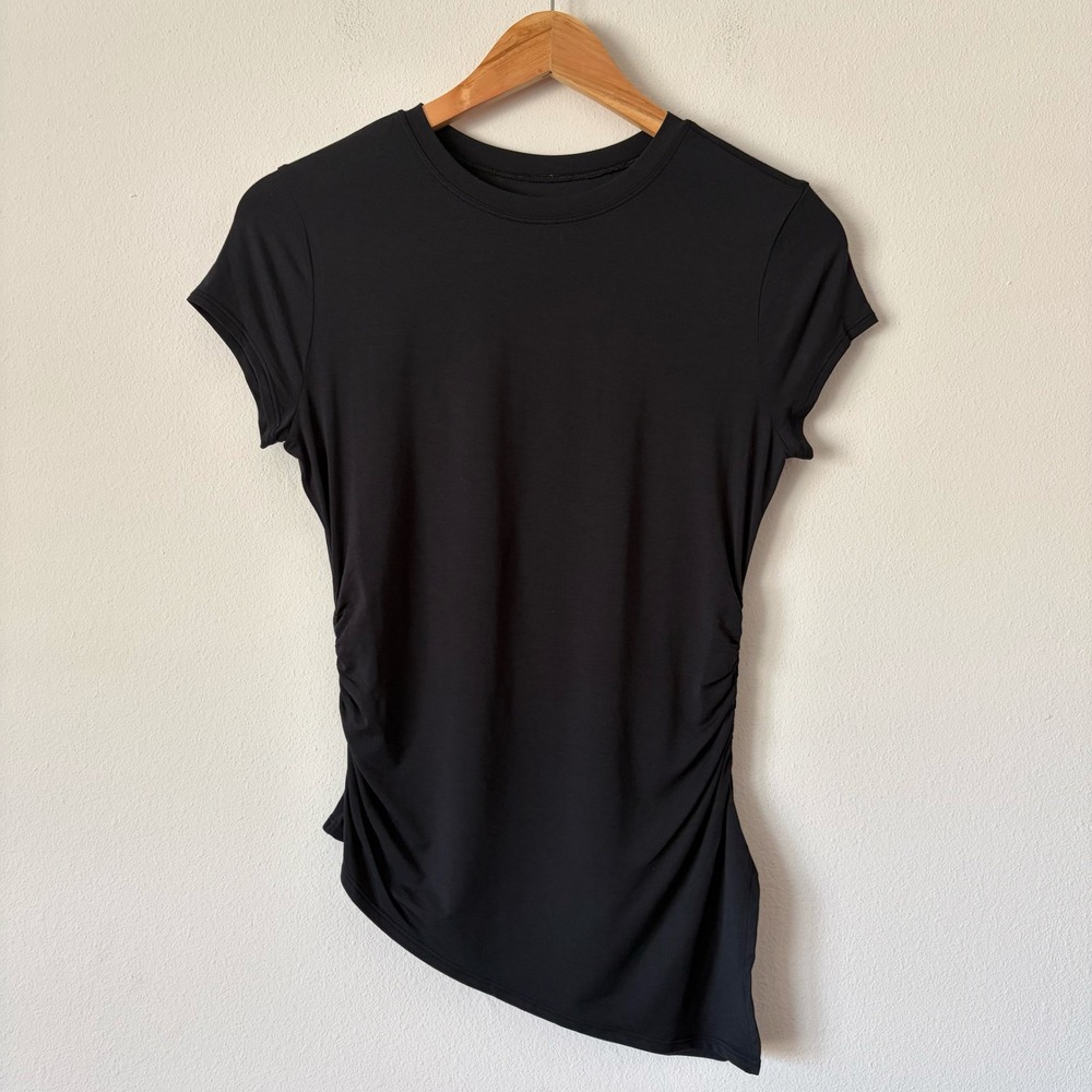 Lululemon Black Ruched Asymmetrical Hem Short Sleeve Top Crew Neck Tee Small